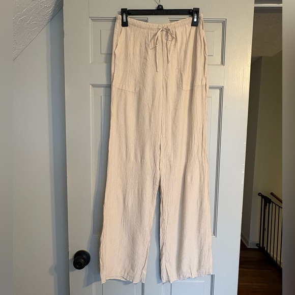 Zara Pants - Zara Size S Beige Wide Leg Drawstring Crepe Pants Linen Blend Look